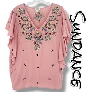Sundance Magdalena Floral Embroidered Flutter Sleeve Boho Top Pink Womens Size M